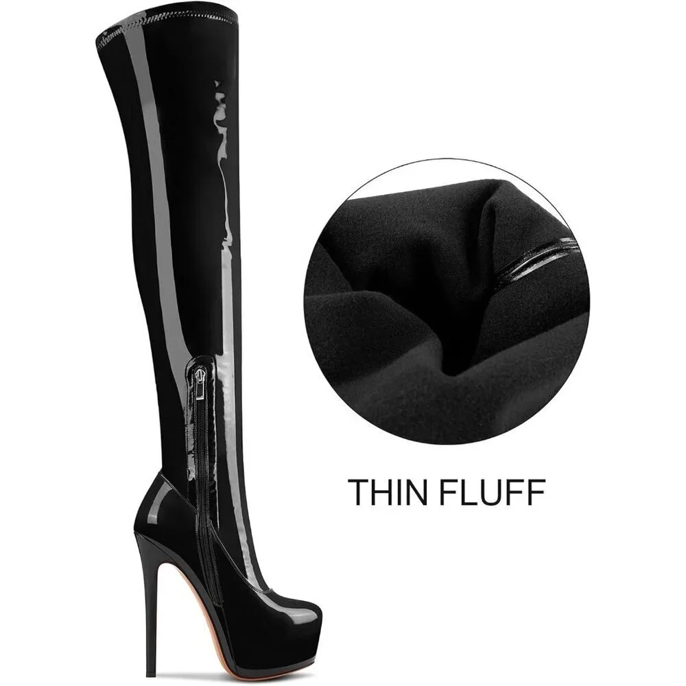 Women Black Over The Knee Stiletto Platform Thigh High Round Toe Long Boots